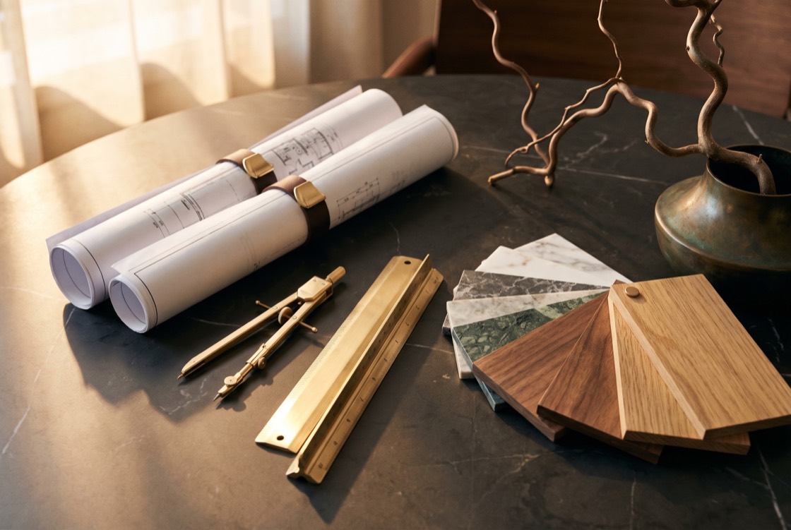 Blueprints, brass drafting tools and material swatches on a marble table