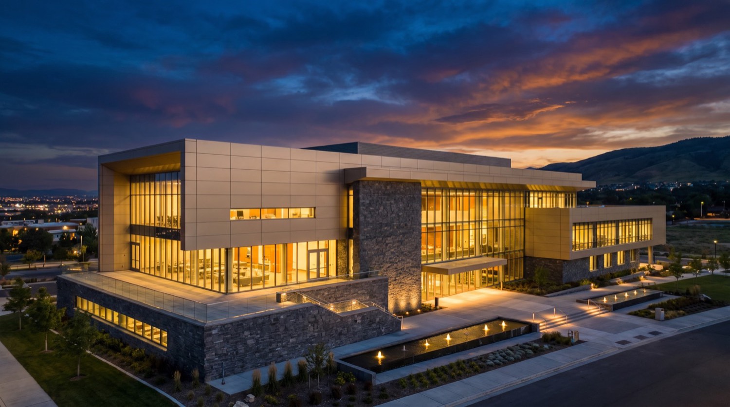 Premium building facade at dusk
